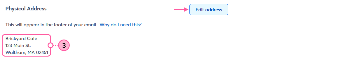 Email schedule page with Physical Address section and Edit address button