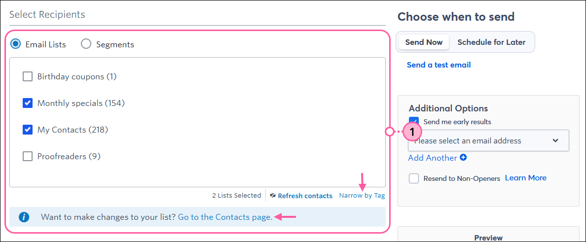 Email schedule page with Select Recipients section and Email Lists option selected and lists selected