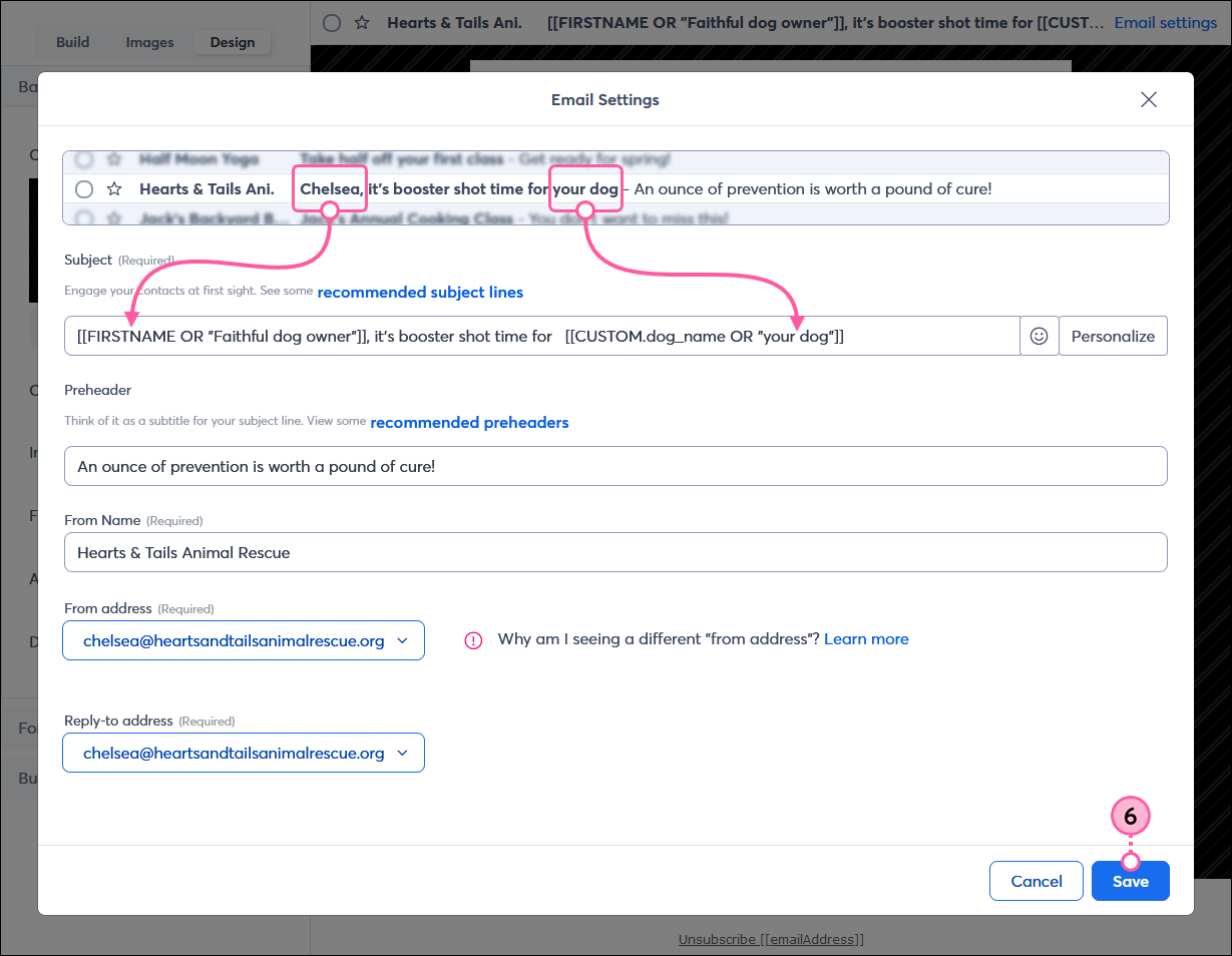 Personalized Subject Line and Save Icon