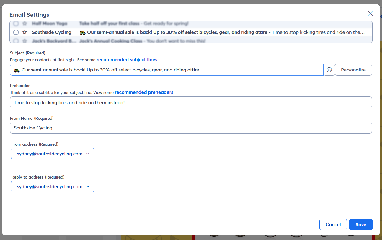 Email Settings overlay with an example of a subject line and preheader that work together to promote a sale
