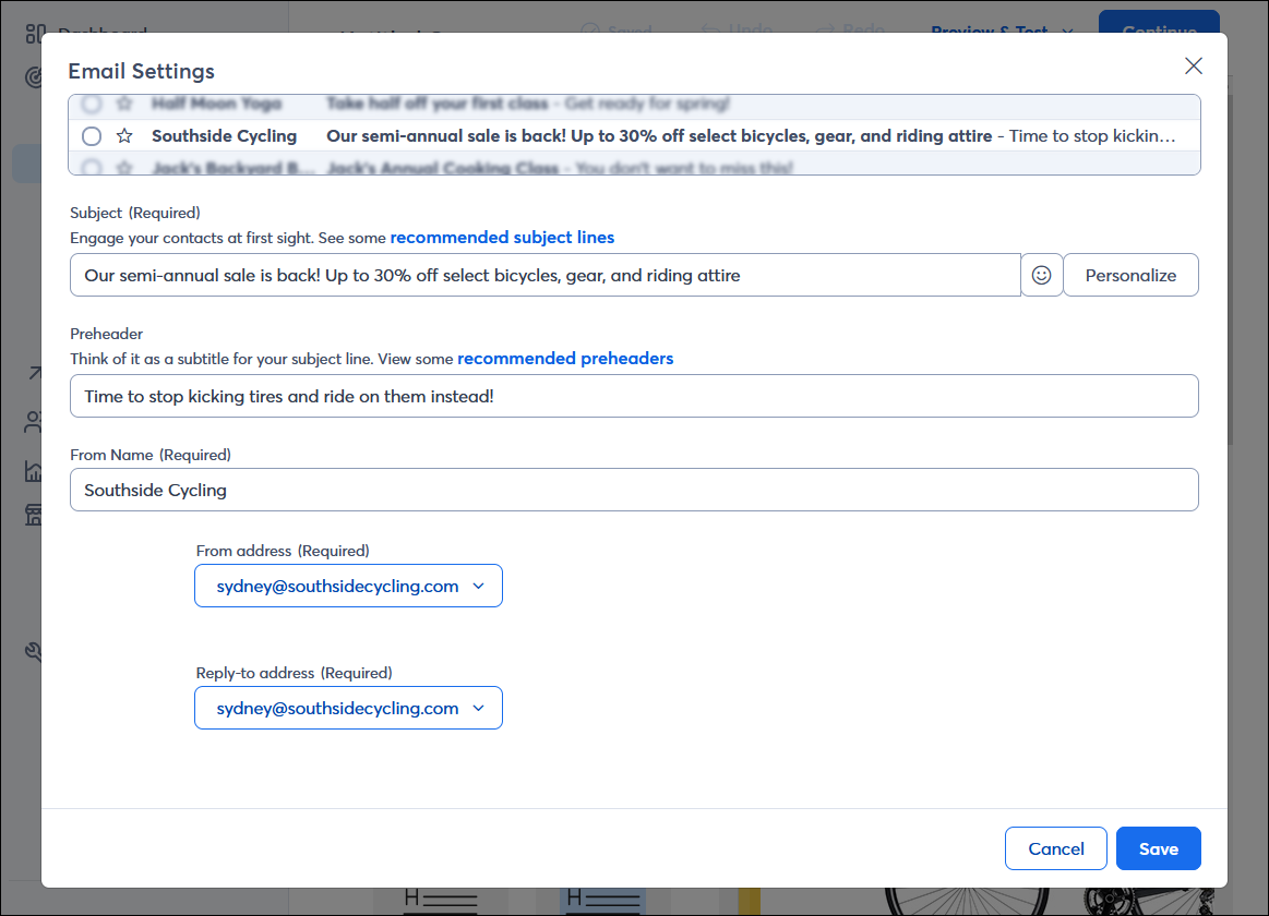 Email Header options with From Name field, From and Reply-to address drop-downs