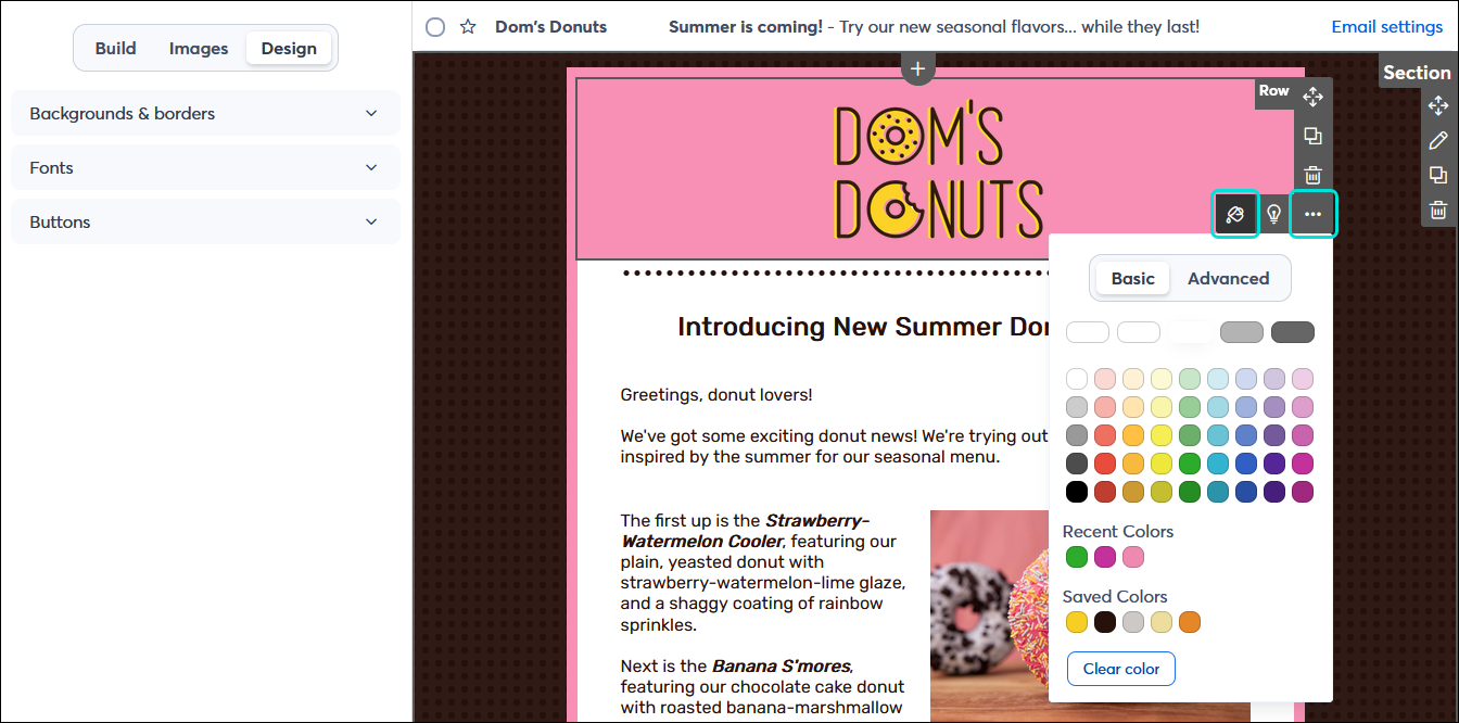 Email editor with Design tab selected, Row menu with Settings menu expanded, background color option selected, and color palette expanded