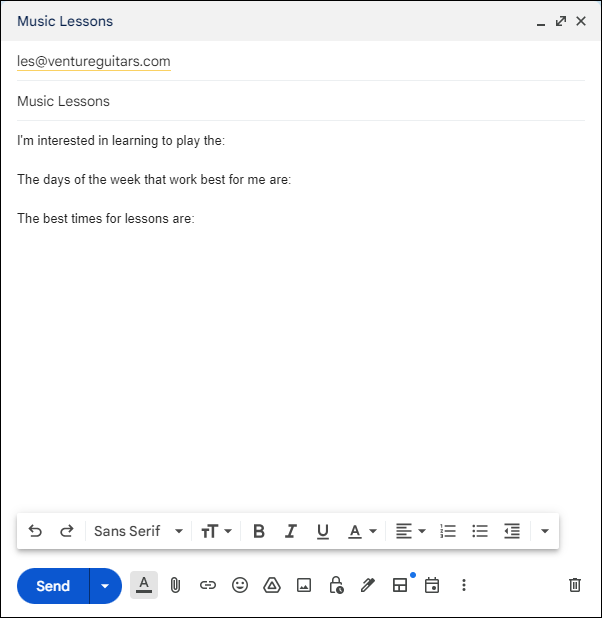 Beispiel-Outlook-E-Mail mit einer mit vorgegebenen Werten ausgefüllten Betreffzeile und Textinhalten.