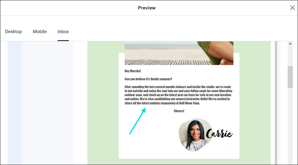 Inbox Preview with non-web-safe font on desktop view