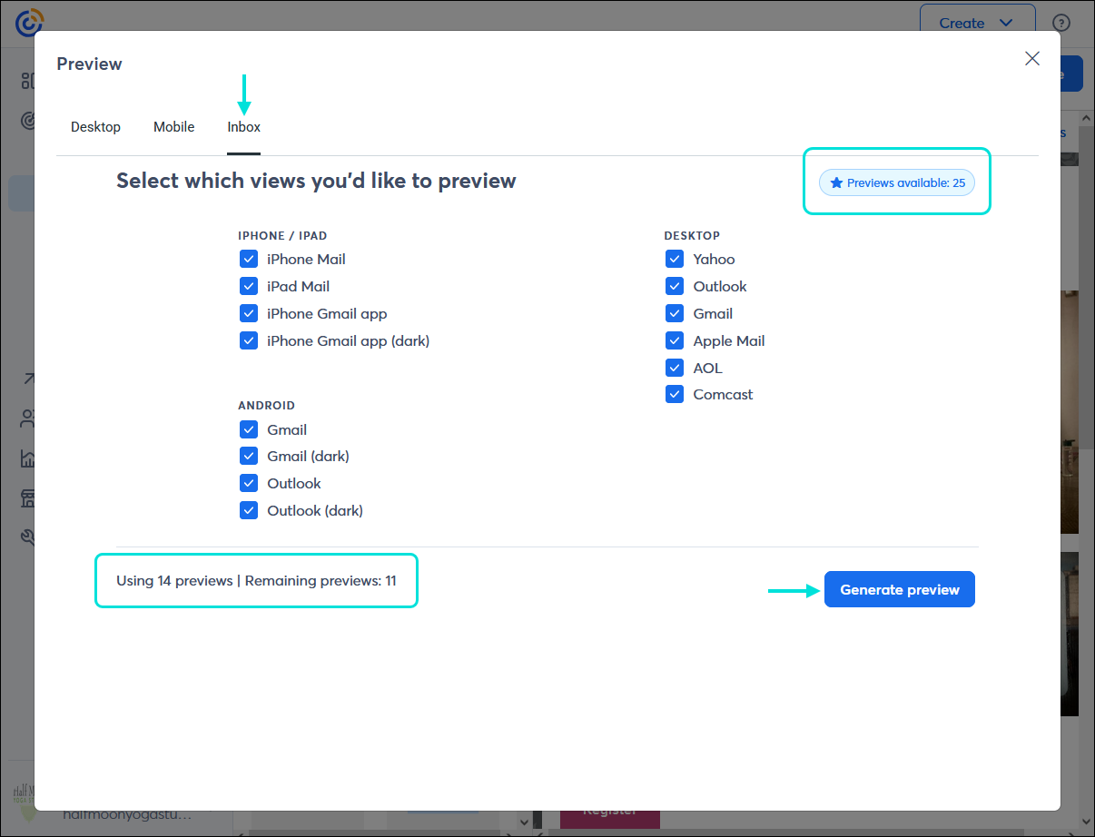 Preview overlay with Inbox tab selected, Previews available count, previews selected, count for previews used and remaining, and Generate preview button