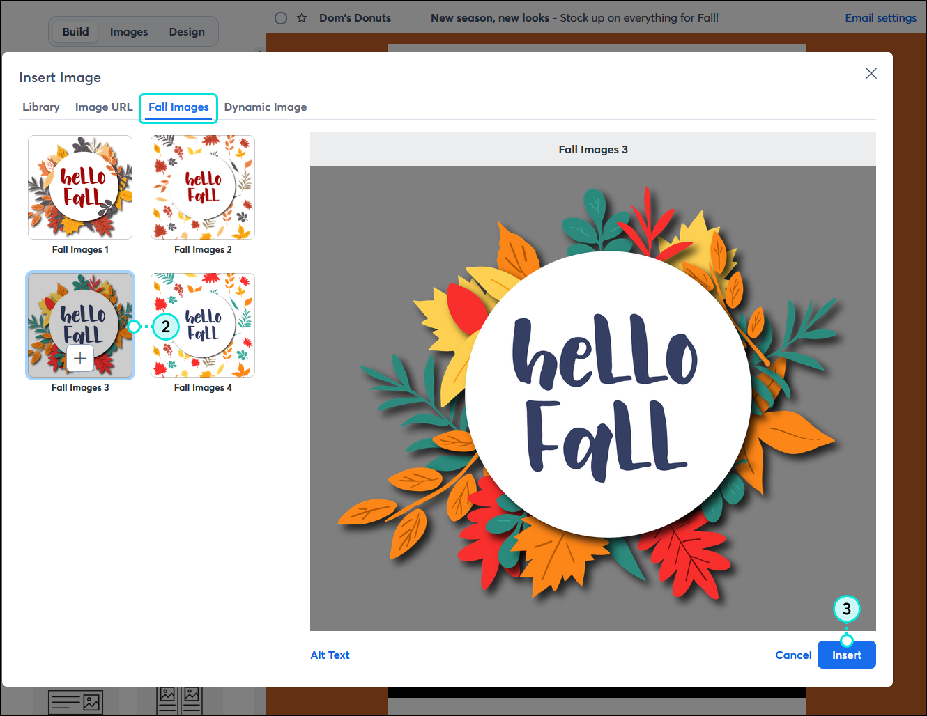 Insert Image overlay with Fall Images tab selected, image selected, and image preview and Insert button