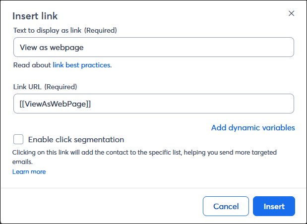 Insert Link overlay with View as Webpage variable tag in Link URL field