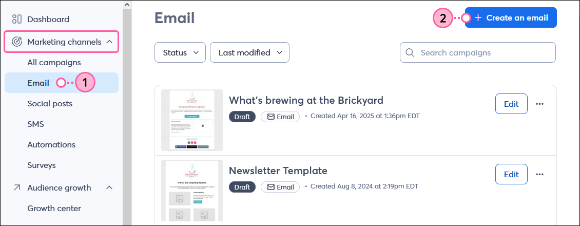 Create button in top nav with Email option selected