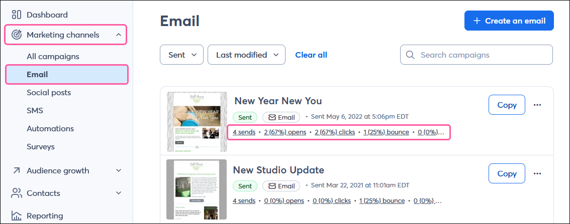 Marketing-Dropdown mit E-Mail-Option und Berichtsstatistiken für gesendete E-Mails