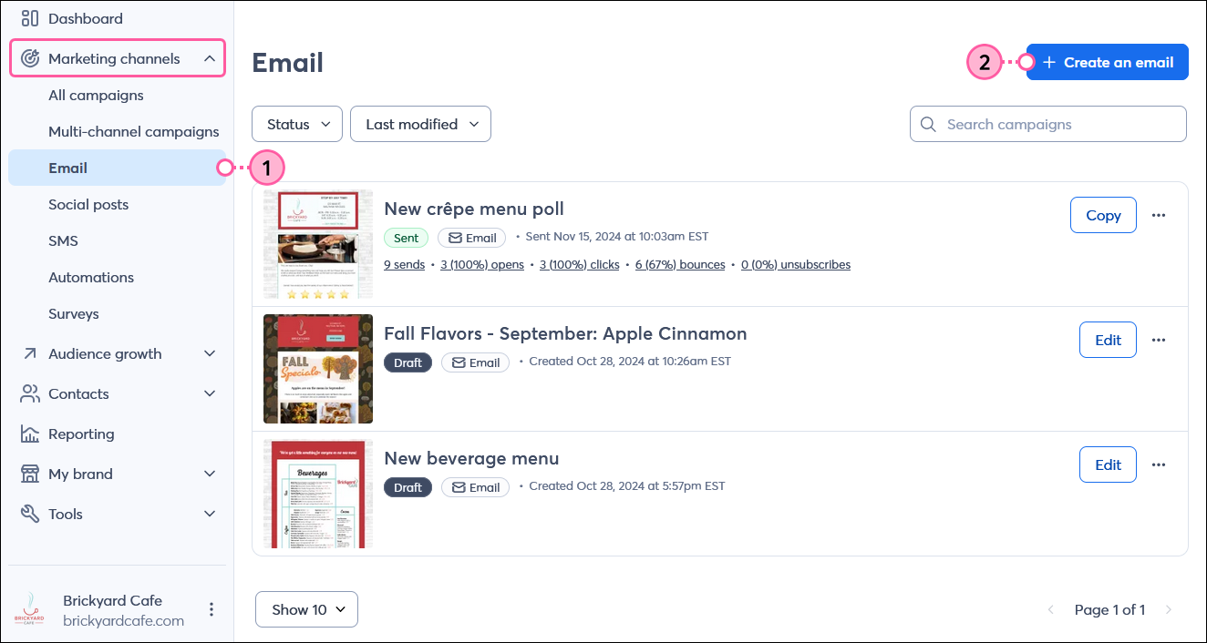 Marketing channels menu expanded with Email option selected, Email dashboard with + Create an email button