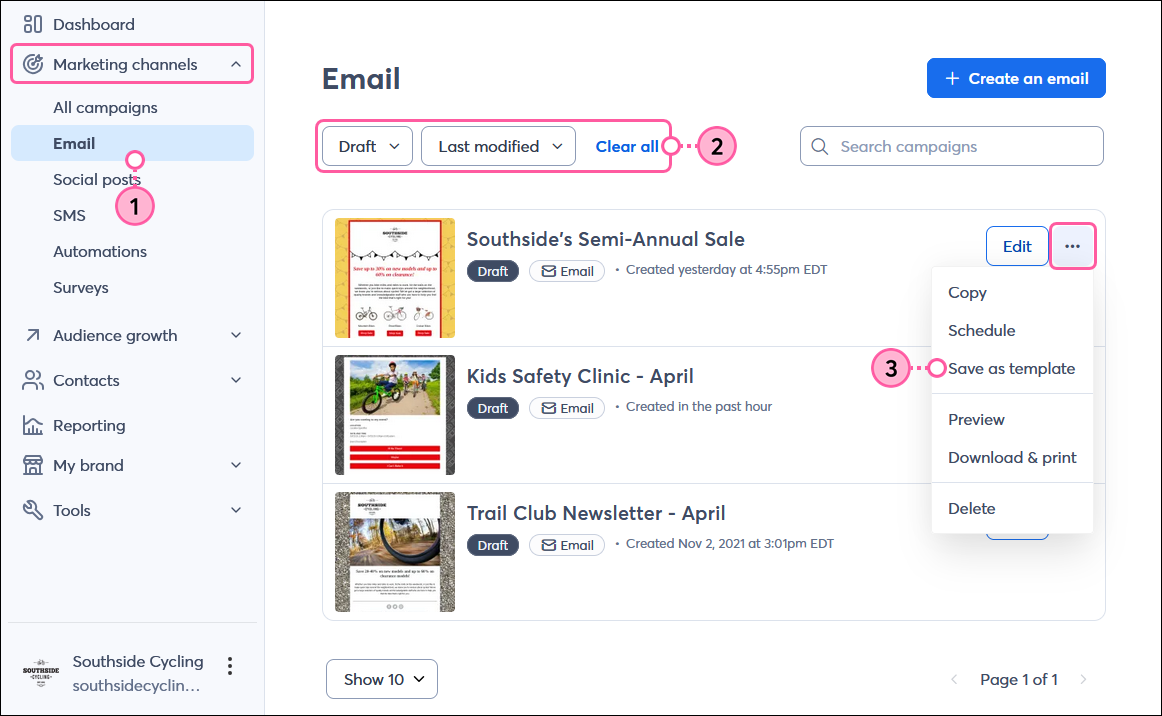 Marketing channels menu expanded with Email option selected, Status drop-down menu with Draft option selected and Sort by drop-down menu with Last modified option selected, and draft email with menu expanded and Save as template option selected