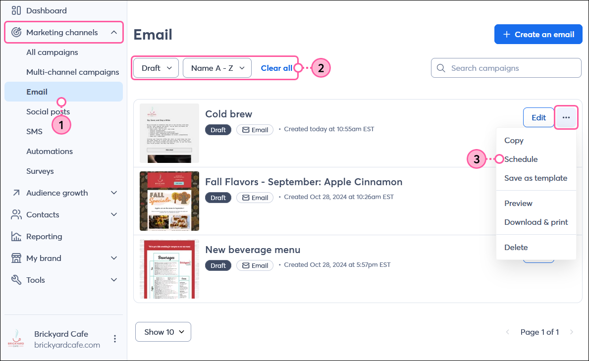 Marketing channels menu expanded and Email option selected, Email dashboard with Status drop-down menu and Draft option selected, and email draft menu expanded and Schedule option selected