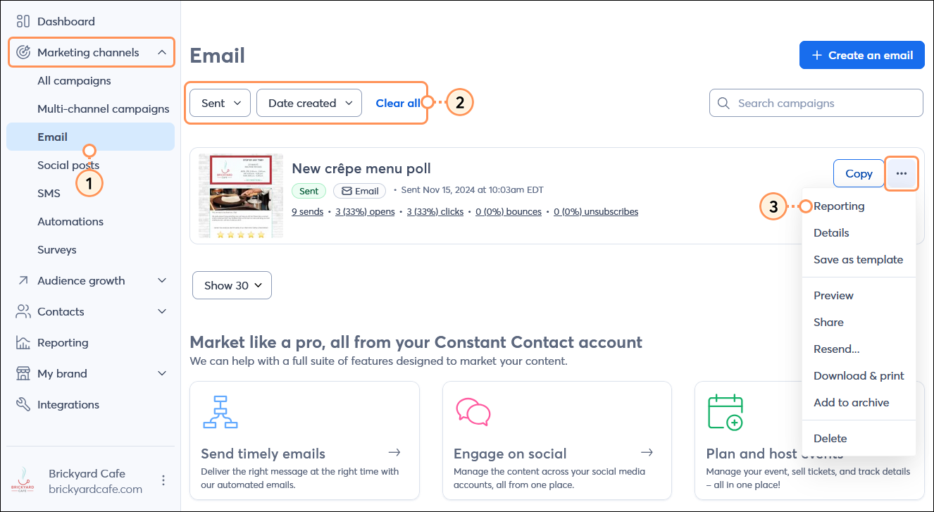 Email dashboard with Sent status selected and Sent email with menu expanded and Reporting option selected