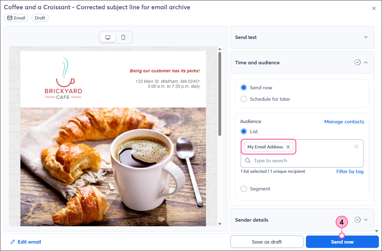 Email Schedule page with Email Lists option selected, list with personal email selected, and Send Now button