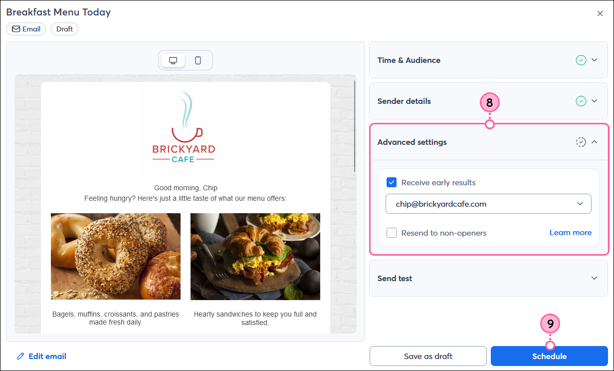 Email schedule page with Advanced Settings section and Schedule button