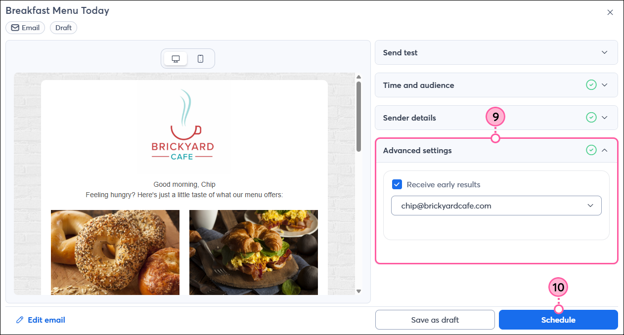 Email schedule page with Advanced Settings section and Schedule button