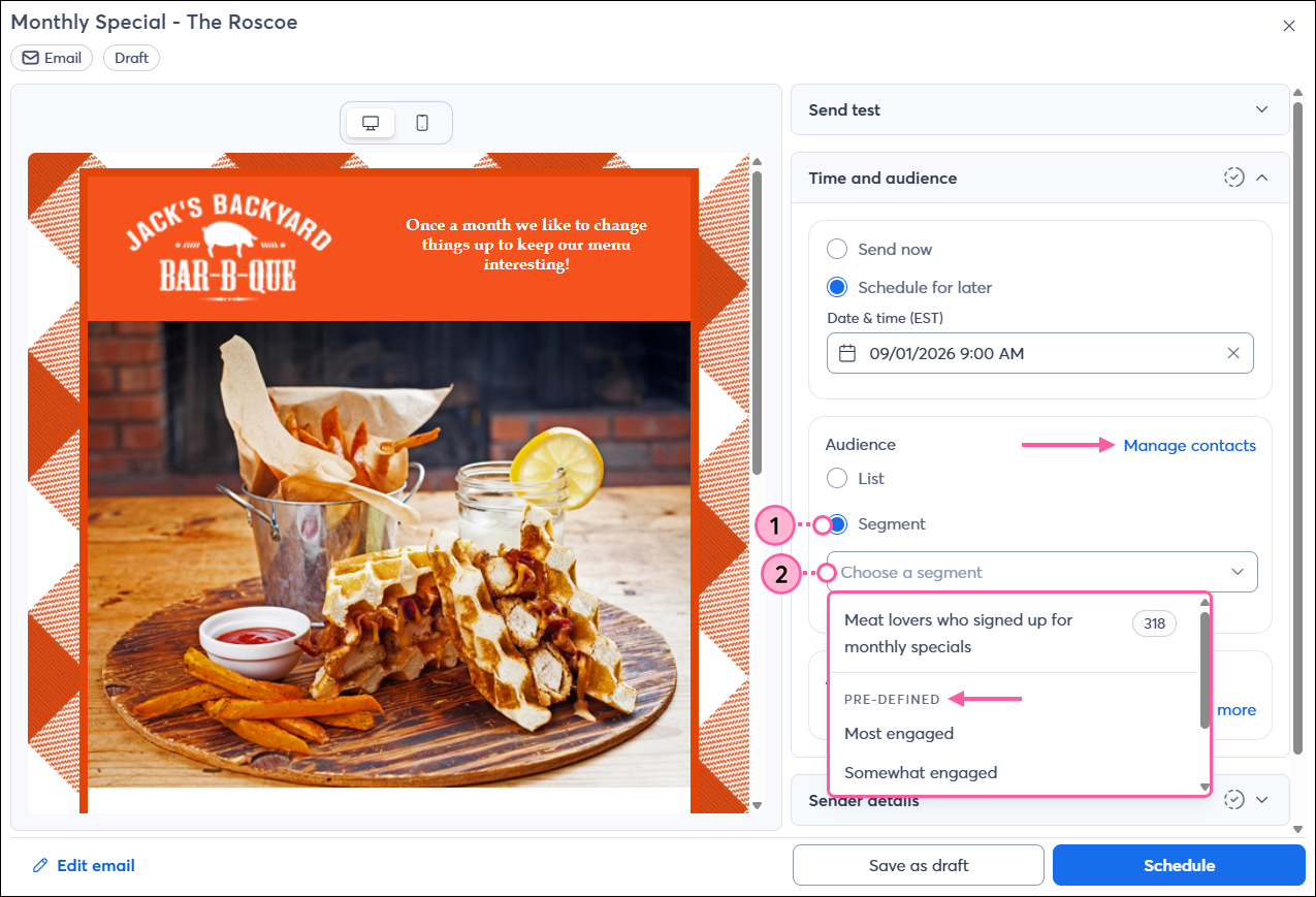 Email schedule page with Time and Audience section expanded, Audience section with Segment option selected, Search for segment field with menu expanded and pre-defined segment options