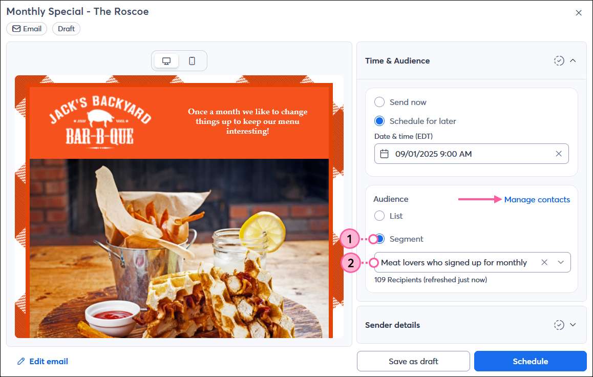 Email Schedule page with Audience section and Segment option selected, Segment drop-down menu, and Manage Contacts link