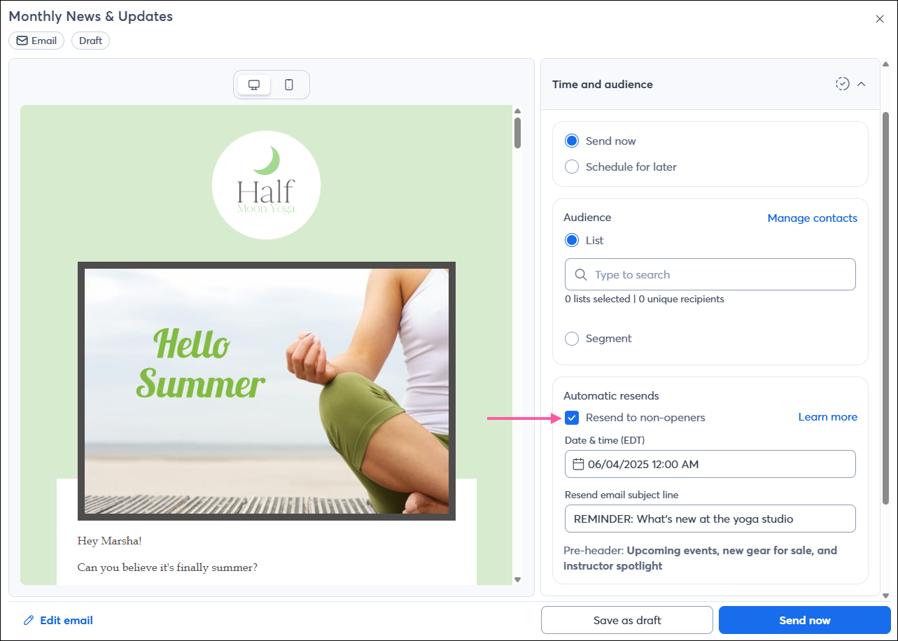Opción de reenvío a quienes no lo abrieron en la página de programación del correo electrónico