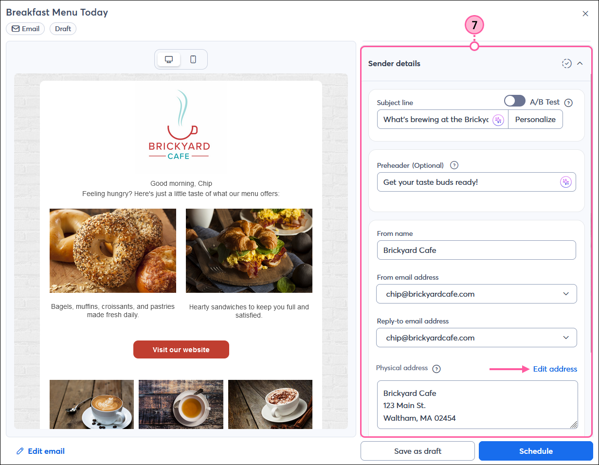 Email schedule page with Sender Details section