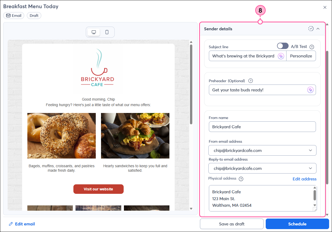 Email schedule page with Sender Details section
