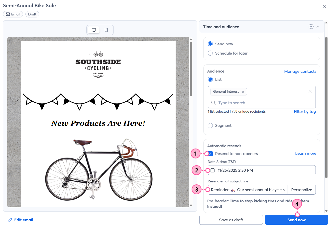Schedule page with Resend to Non-Openers checkbox, Date and Time field, Resend subject line field, and Send Now button