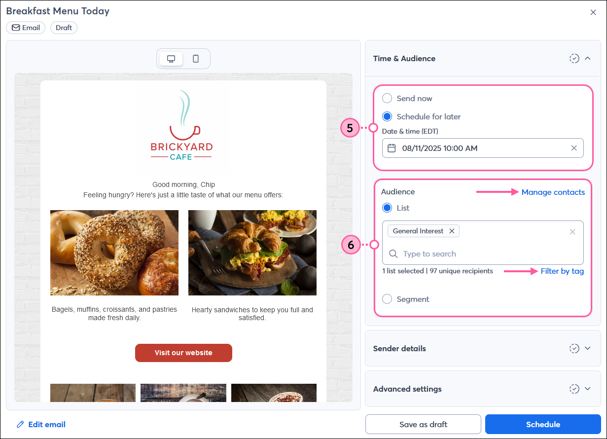 Email schedule pop-up with Time & Audience sections
