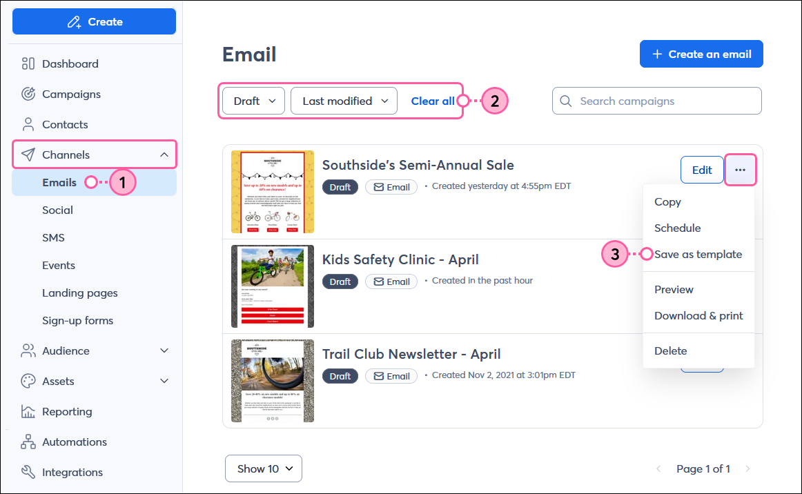 Marketing channels menu expanded with Email option selected, Status drop-down menu with Draft option selected and Sort by drop-down menu with Last modified option selected, and draft email with menu expanded and Save as template option selected