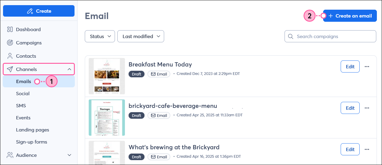 Marketing channels menu expanded with Email option selected, Email dashboard with + Create an email button