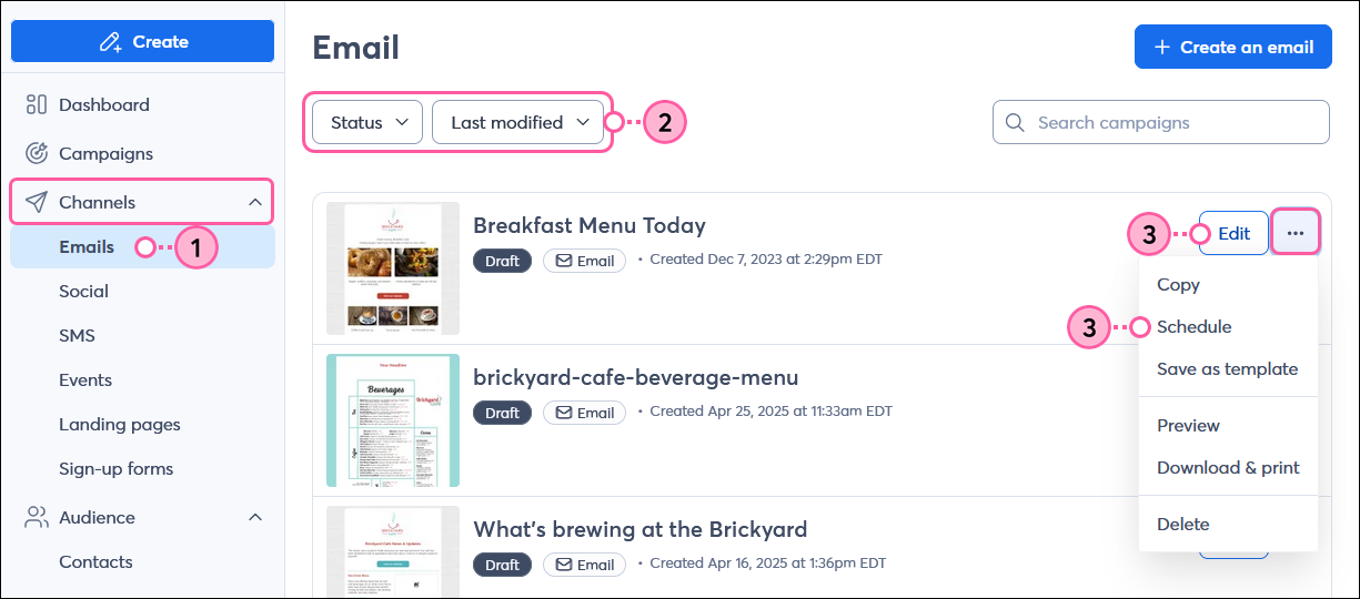 Marketing channels menu expanded and Email option selected, Email dashboard with Status drop-down menu and Draft option selected, and email draft menu expanded and Schedule option selected