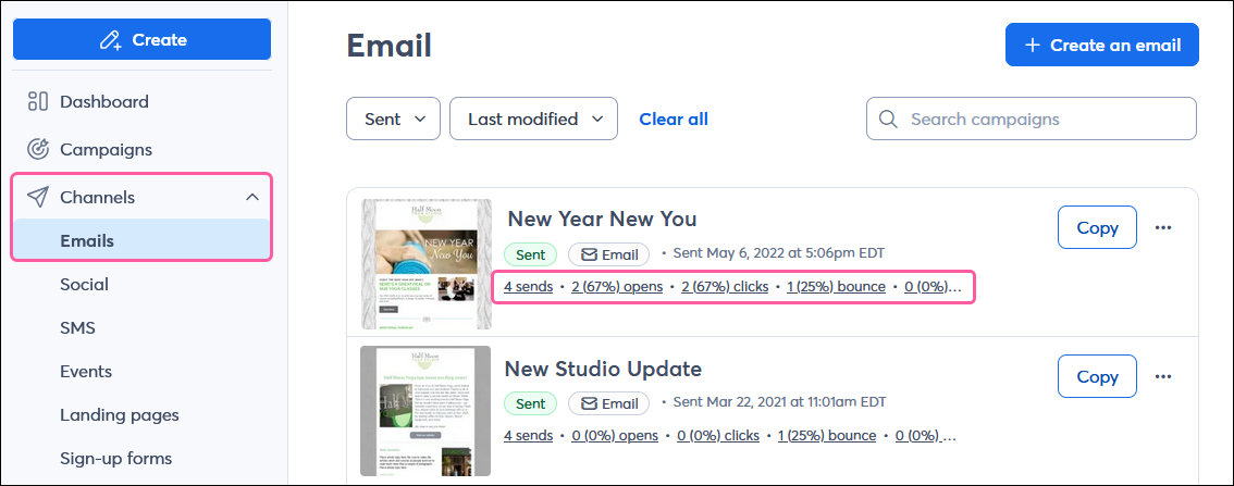 Marketing drop-down with Email option and sent email reporting stats