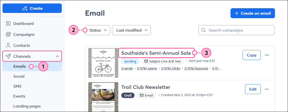 Emails page with Sending Subject Line A/B Test Email name selected