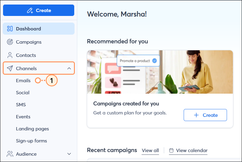 Channels drop-down menu expanded and Email option selected