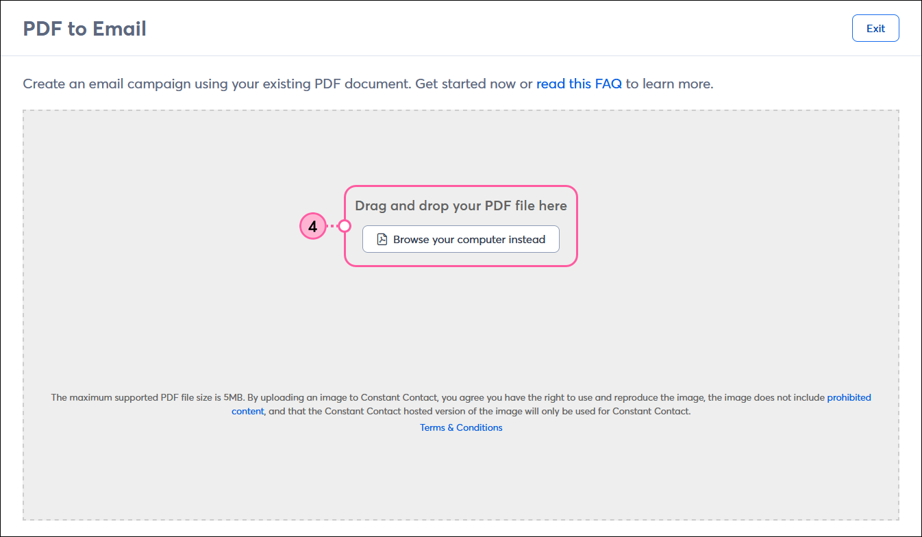 PDF to Email page with Drag and Drop your PDF file here field and Browse your computer instead button