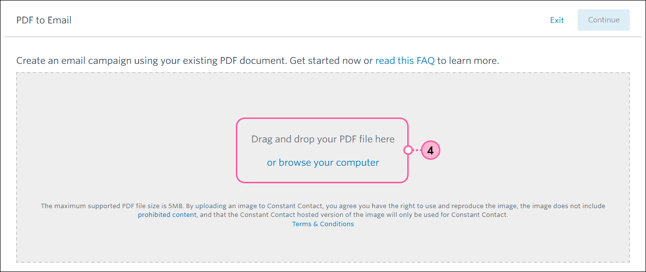 PDF to Email Seite mit dem Drag and Drop Feld für Ihre PDF Datei und dem Link „or browse your computer“ (oder durchsuchen Sie Ihren Computer).