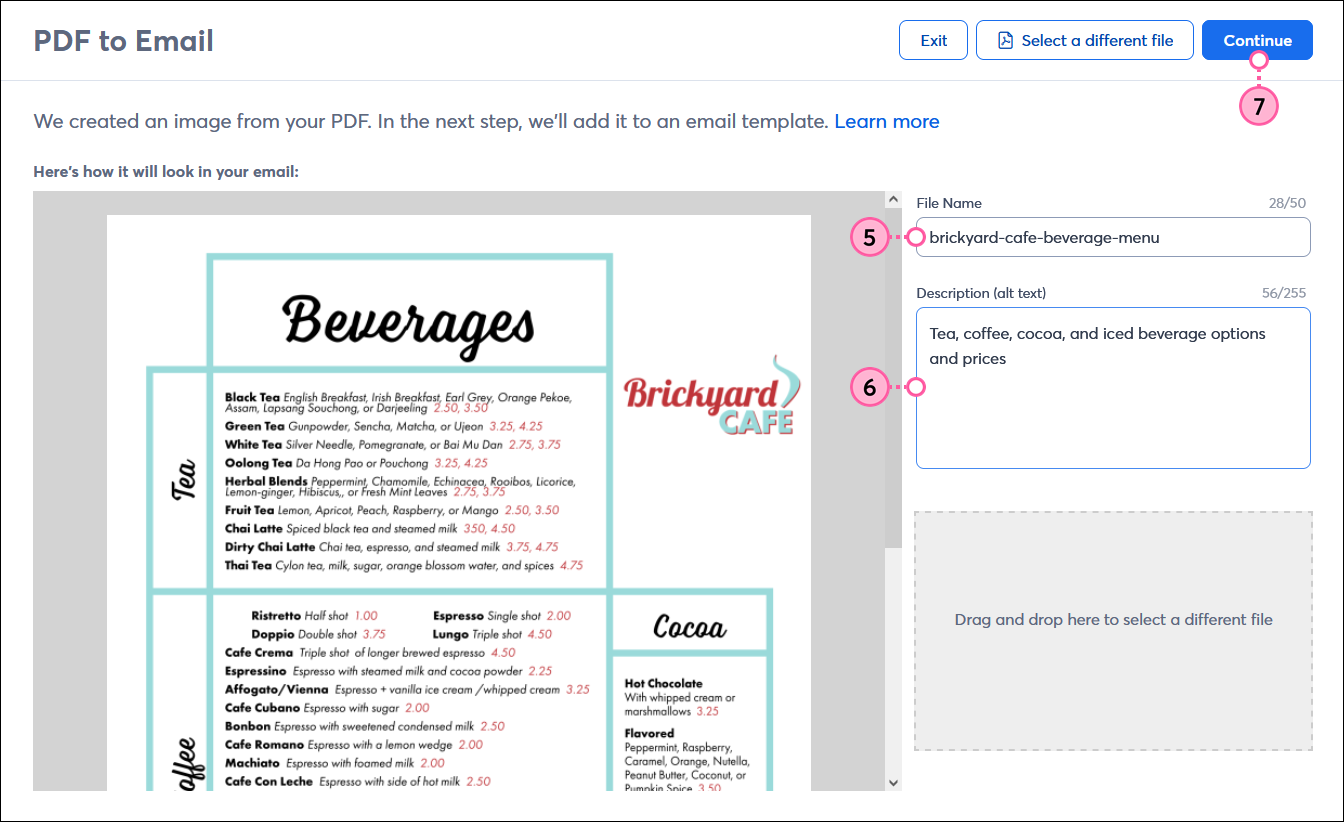 PDF to Email page with PDF Name field, Description field, and Continue button