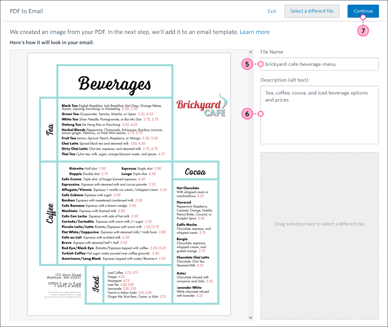 PDF to Email Seite mit Feld „PDF Name“, Feld „Description“ (Beschreibung) und Schaltfläche „Continue“ (Weiter)