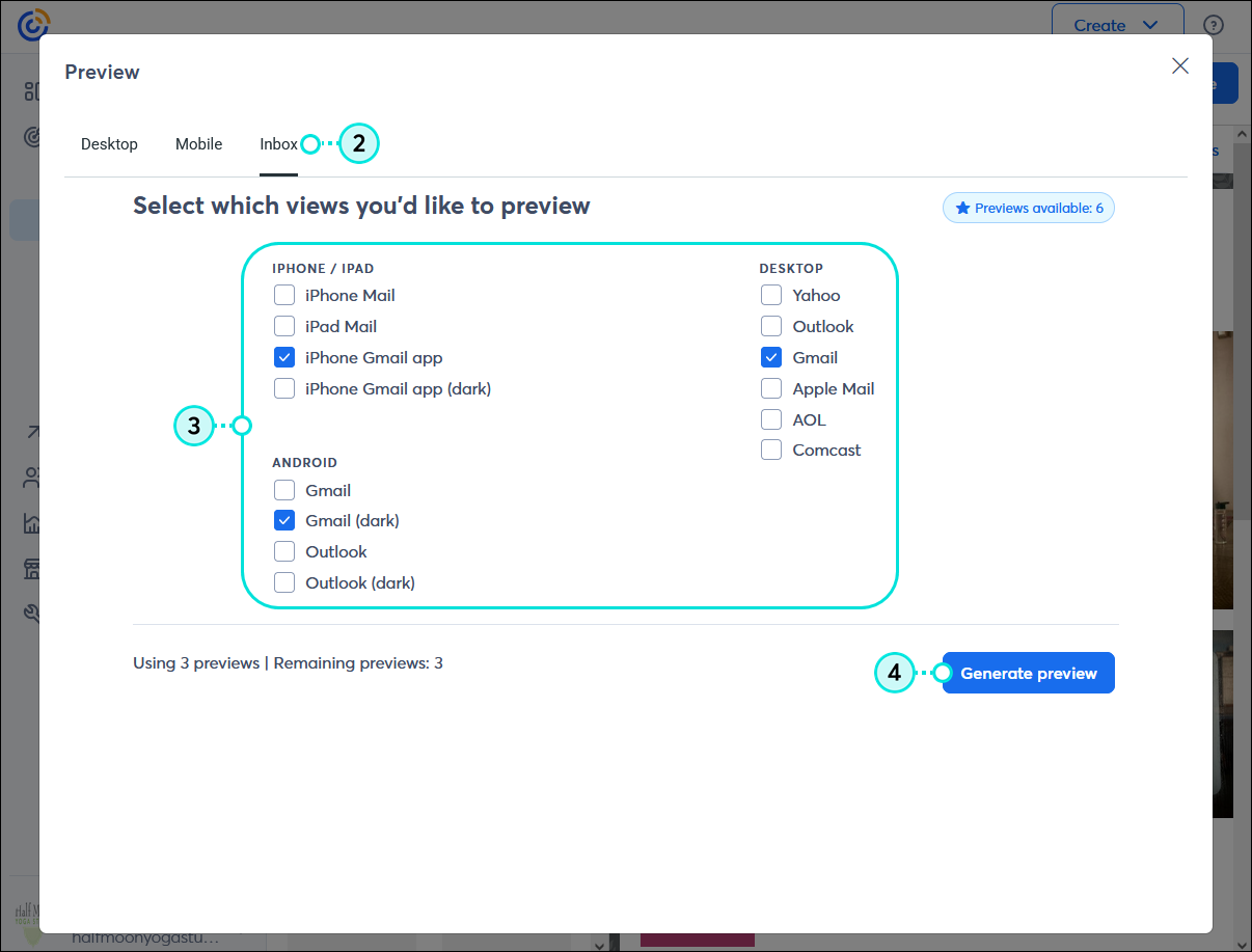 Preview overlay with Inbox tab selected, iPhone/iPad, Android, and Desktop options selected, and Generate preview button
