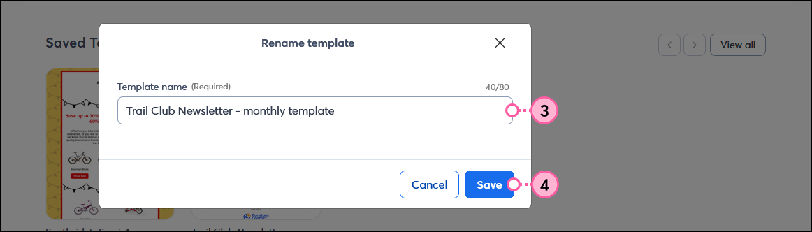 Rename template overlay with Template name field and Save button
