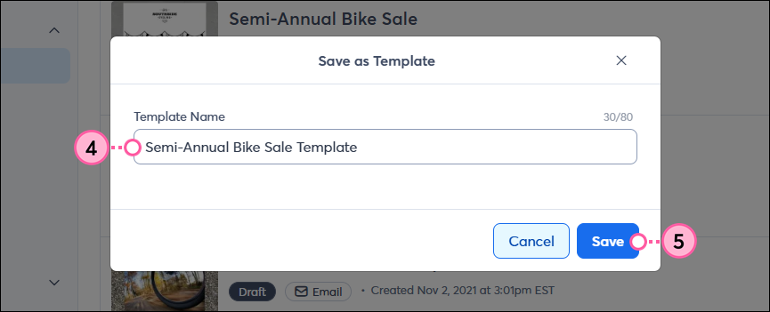 Save as Template overlay with Template Name field and Save button
