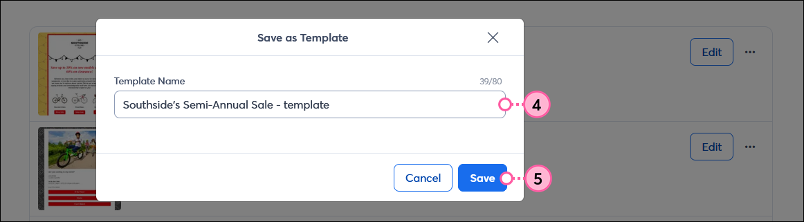 Save as Template overlay with Template Name field and Save button
