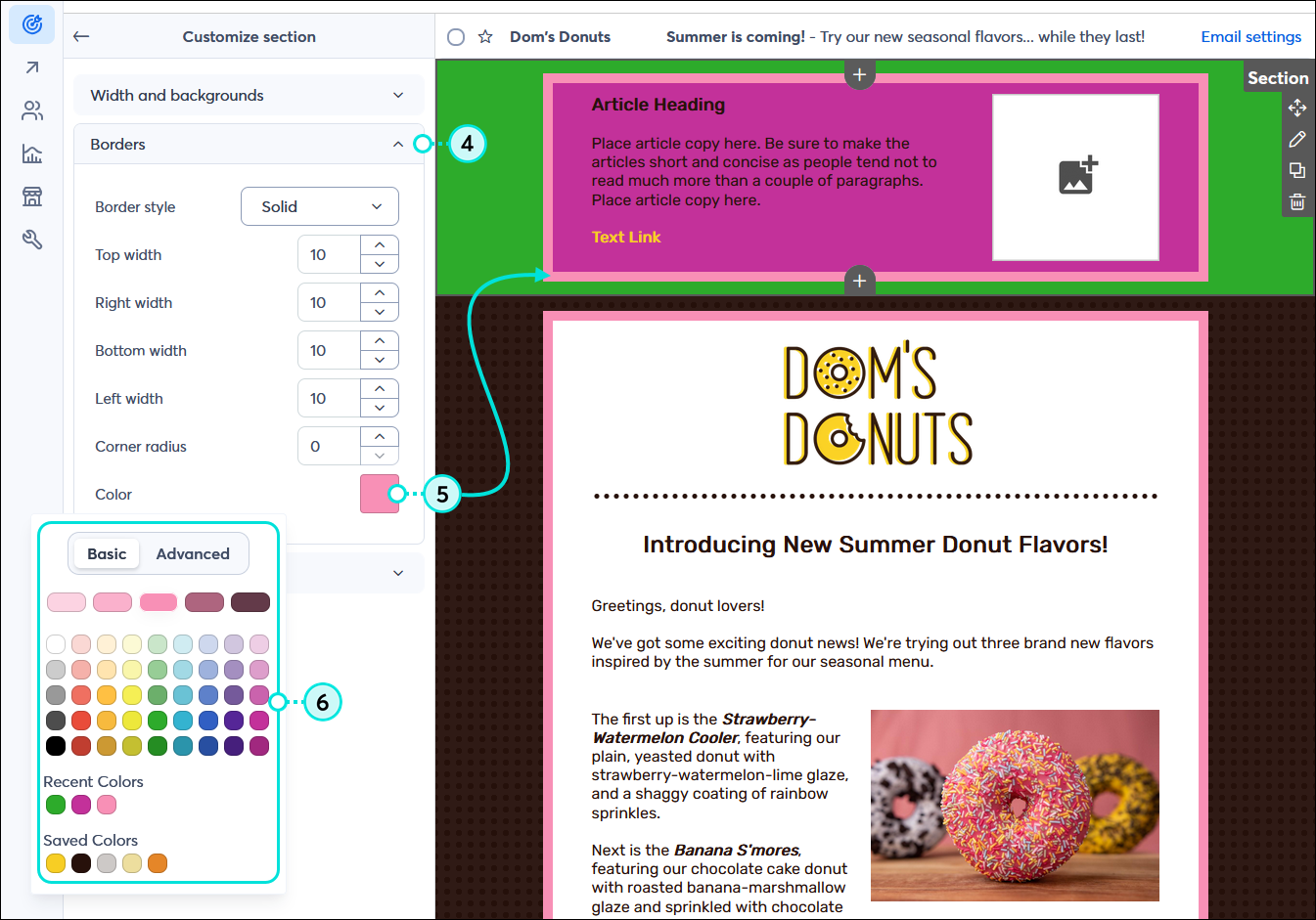 Email editor with Customize section menu and Borders section expaneded, Color swatch with color palette expanded