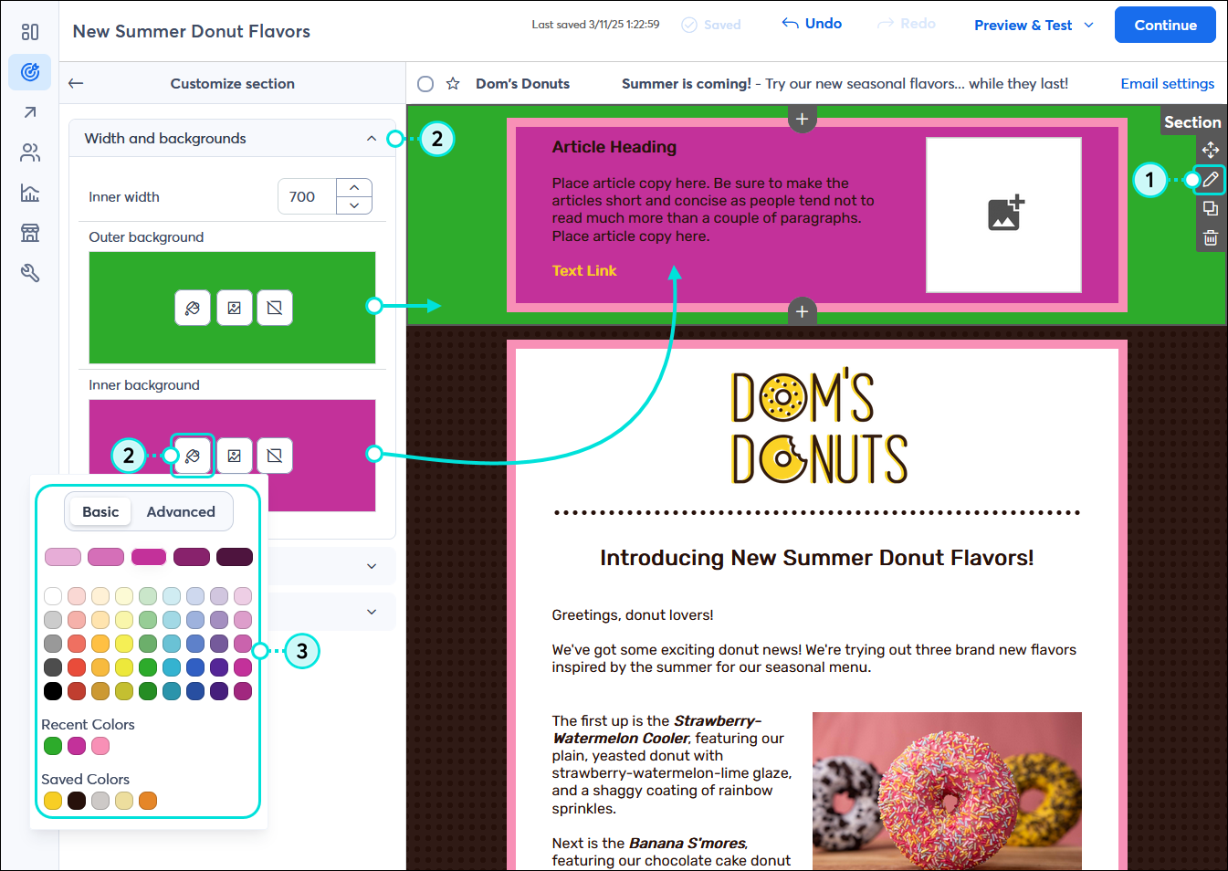 Email editor with Customize section menu and Width and backgrounds section expanded, Outer background option with Color button, and Inner background option with Color button and color palette expanded