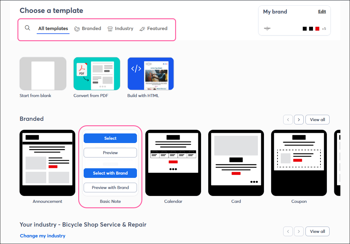 Choose a template page with All templates option selected, Branded template section with Select, preview, Select with Brand, and Preview with Brand options visible