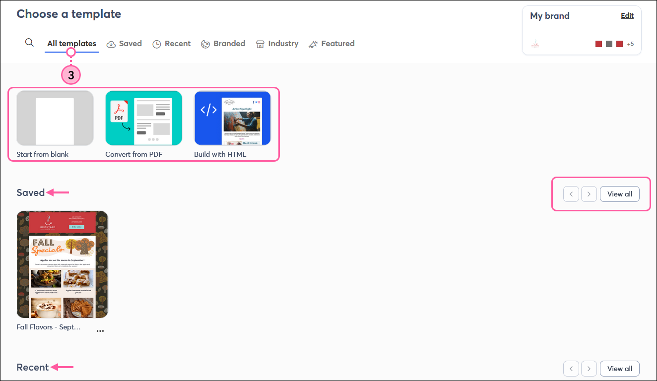 Template picker with All templates tab selected and Start from blank, Convert from PDF, and Build with HTML options, and Saved template section with navigation options