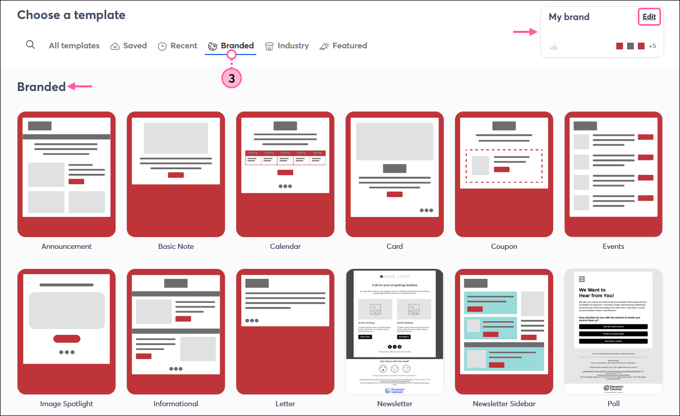 Template picker with Branded tab selected, Branded template options, and My brand tile with Edit option