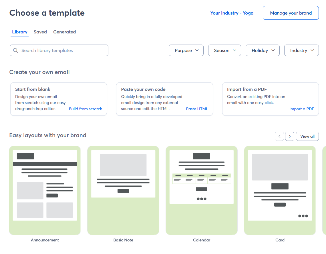 Email template picker with picks for you filter
