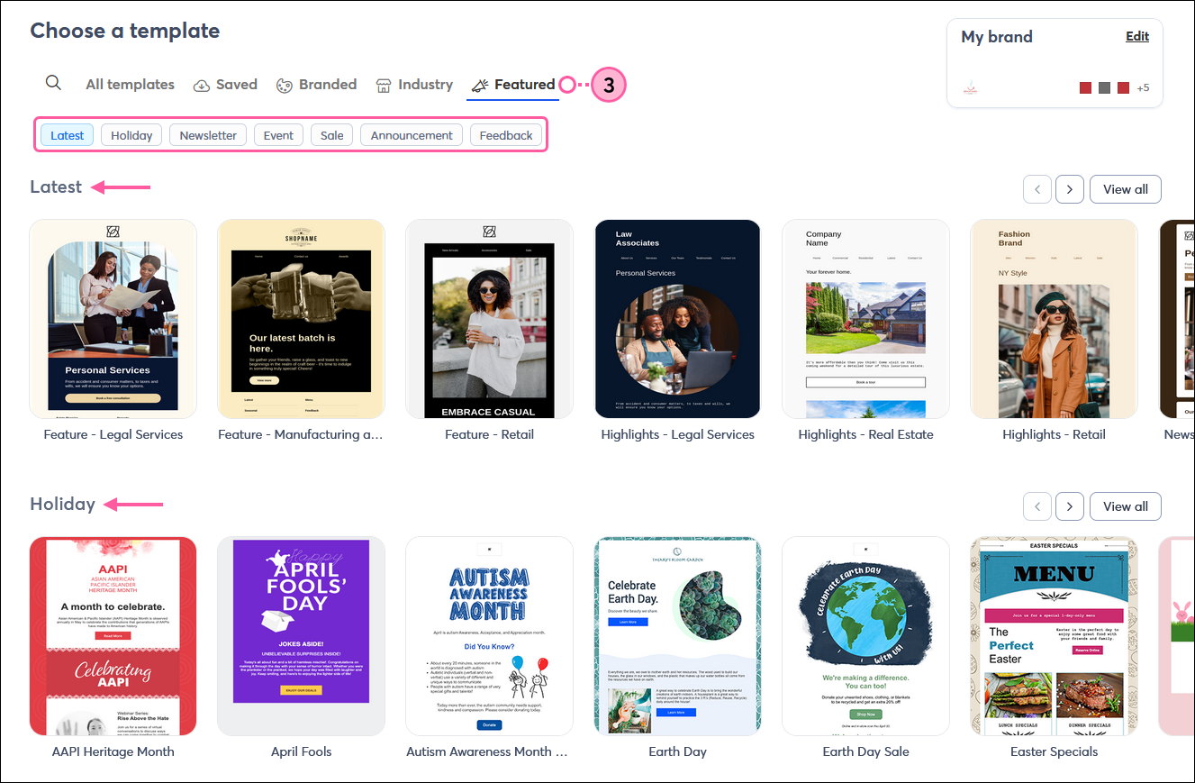 Template picker with Featured tab selected and Holiday, Newsletter, Event, Sale, Announcement and Feedback options