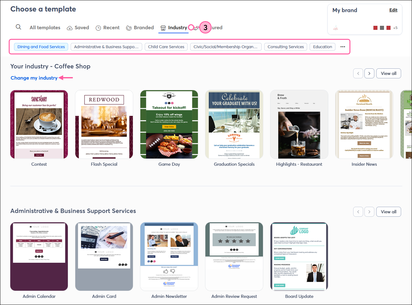 Template picker with Industry tab selected, Industry options menu, Your Industry section, and the Change my industry option