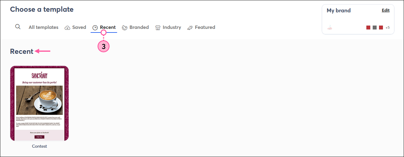 Template picker with Recent tab selected and recently sent templates displayed